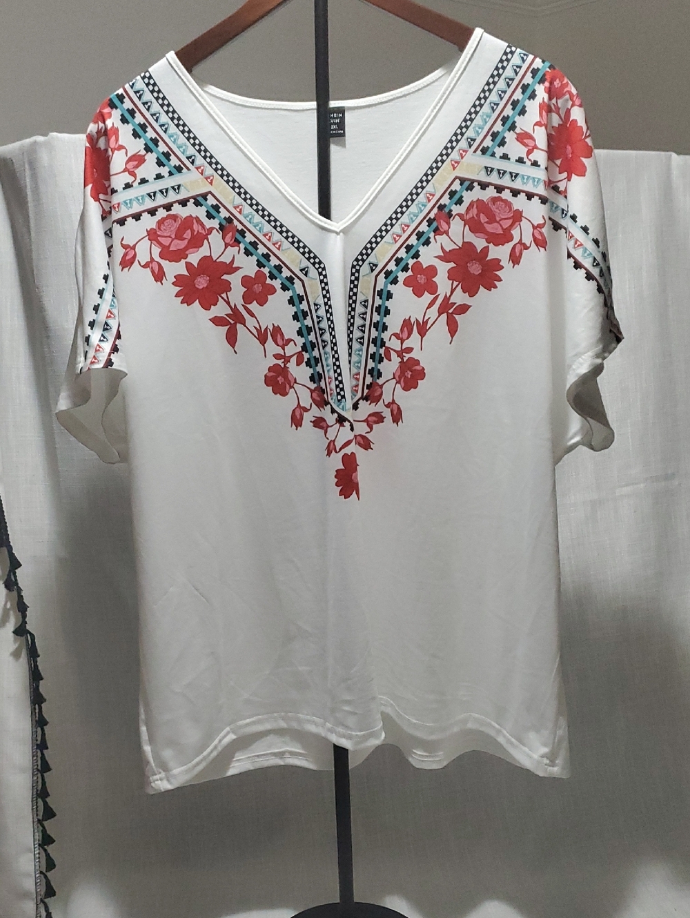 SHEIN White V-Neck Tee with Red Floral and Teal Trim